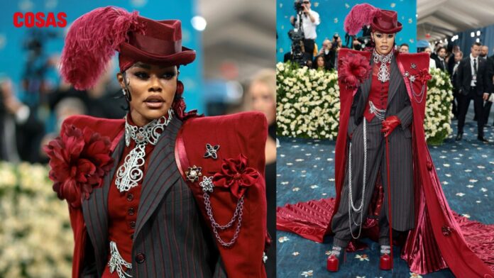 Descubre el impresionante traje burdeos de Teyana Taylor en la Met Gala 2025, una creación de la legendaria diseñadora de vestuario Ruth E. Carter.